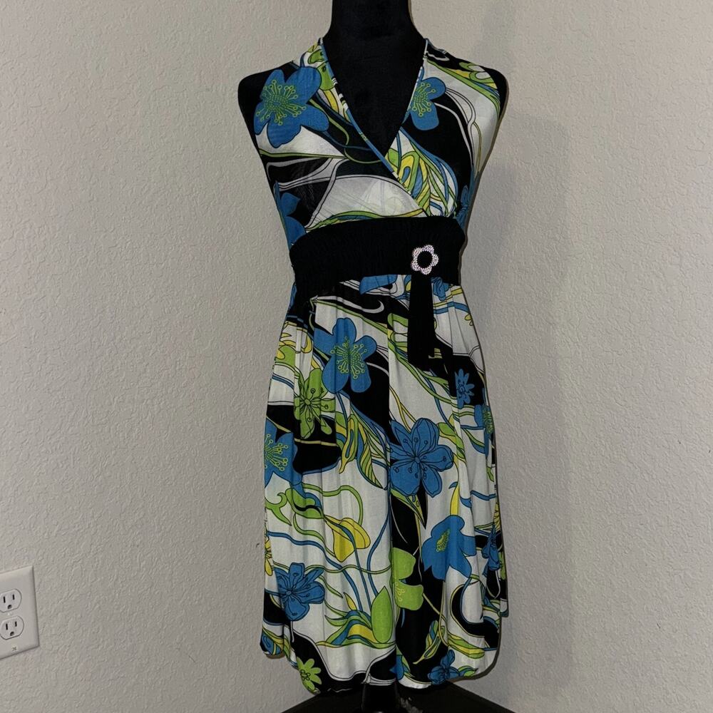 Y2K Midi Dress Women’s Medium Multicolor Floral Stretch Empire Waist Beach Cover
